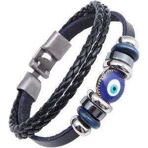 Punk Turkish Blue Evil Eye Necklace Bracelet Wristband Layer Weave Leather